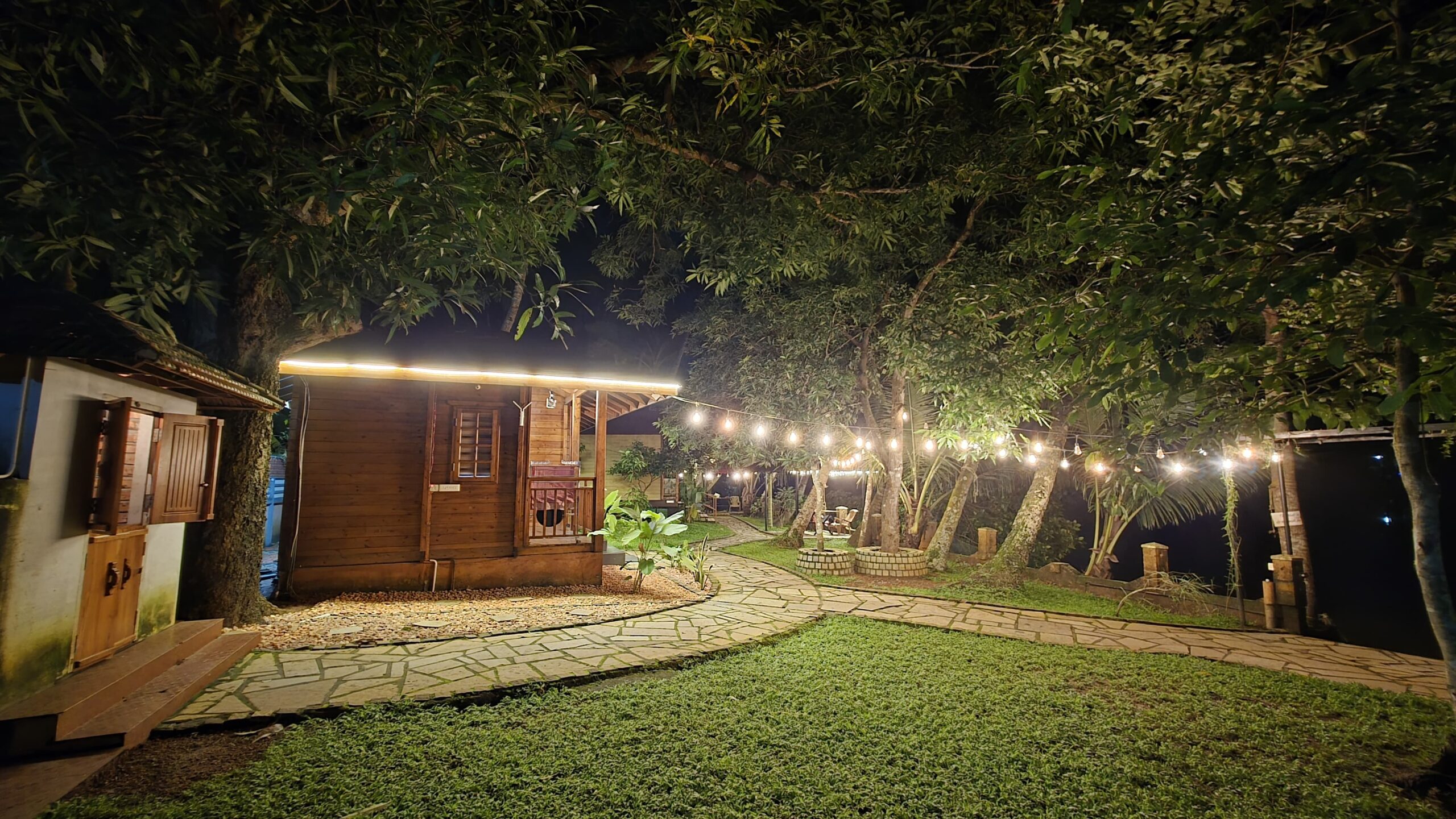 A night view of the Wooden hut