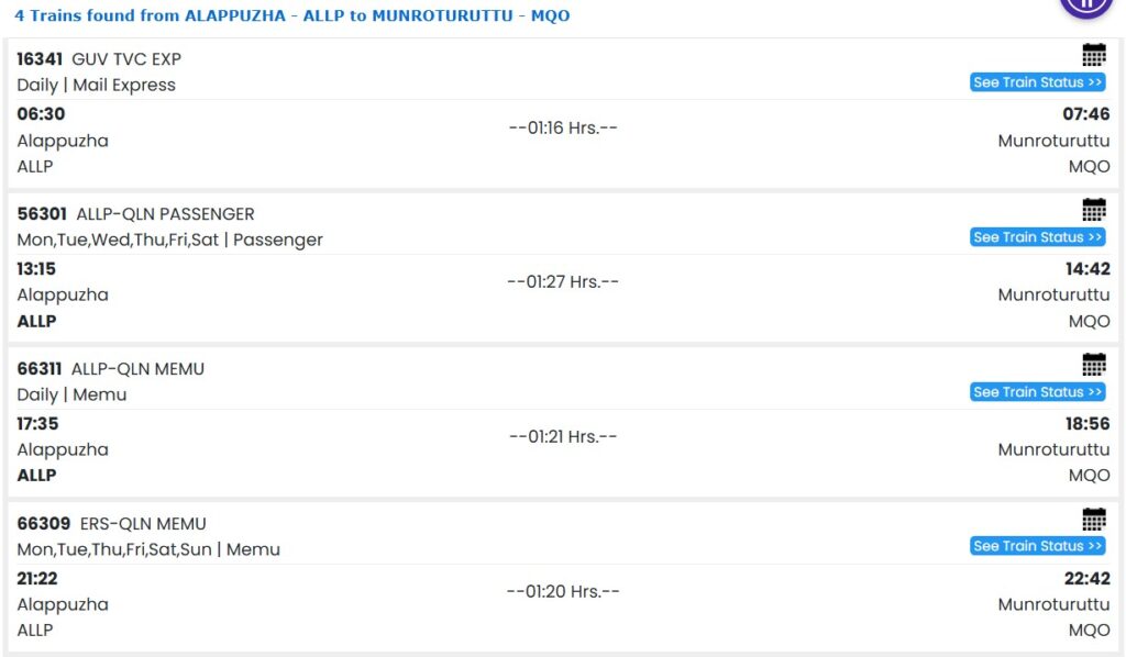 Trains from Alleppey- MQO